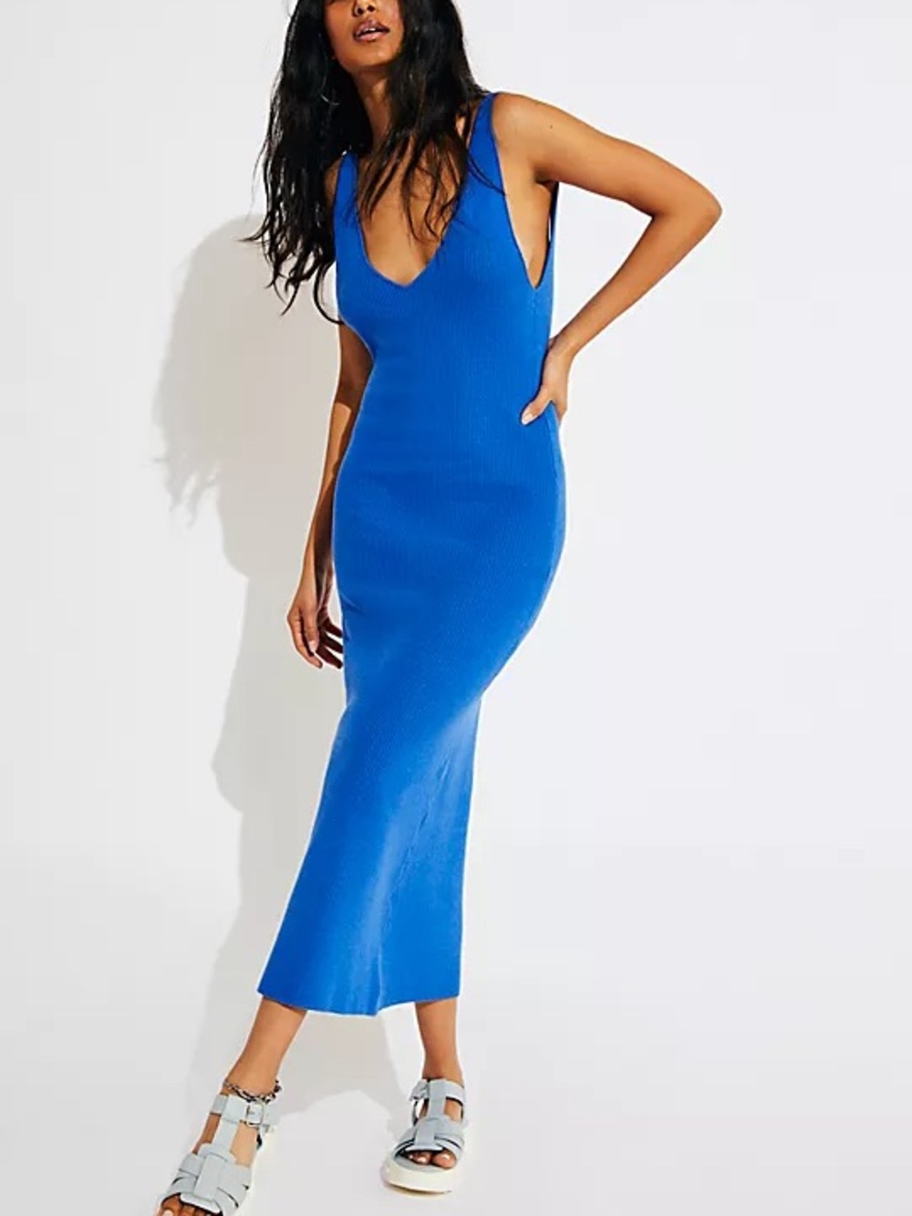 Free People Daniela Backless V-Neck Ribbed Midi Dress in Cobalt Blue